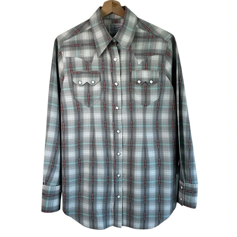VTG Rockmount Ranch Wear plaid western shirt M Sawtooth Pockets Snap Button